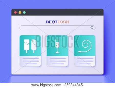 Set Glass Of Champagne , Ice Cream And Birthday Party Horn Icon. Vector