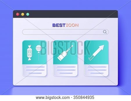 Set Champagne Bottle , Lollipop And Firework Rocket Icon. Vector