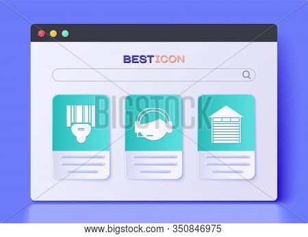 Set Support Operator In Touch, Scanner Scanning Bar Code And Closed Warehouse Icon. Vector