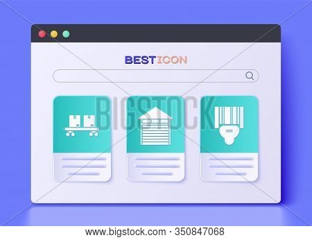 Set Closed Warehouse , Railway Carriage And Scanner Scanning Bar Code Icon. Vector