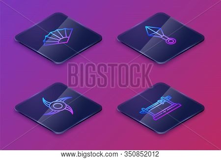 Set Isometric Line Paper Chinese Or Japanese Folding Fan, Japanese Ninja Shuriken, Japanese Ninja Sh