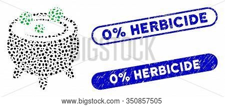Collage Cauldron And Grunge Stamp Seals With 0 Percent Herbicide Text. Mosaic Vector Cauldron Is For