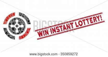 Mosaic Roulette Pictogram And Red Win Instant Lottery Exclamation Stamp Between Double Parallel Line