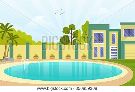 Modern House Villa Exterior With Swimming Pool At Backyard Illustration