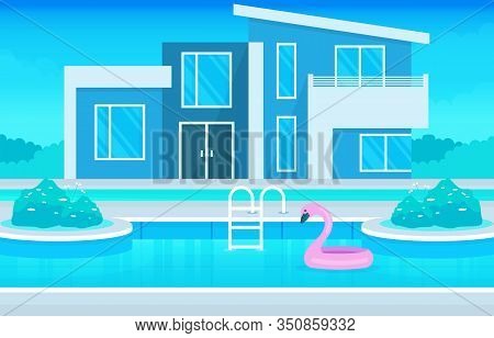 Modern House Villa Exterior With Swimming Pool At Backyard Illustration