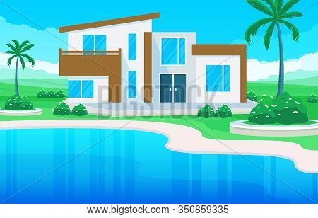 Modern House Villa Exterior With Swimming Pool At Backyard Illustration