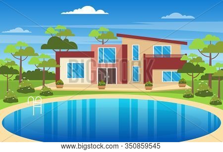 Modern House Villa Exterior With Swimming Pool At Backyard Illustration
