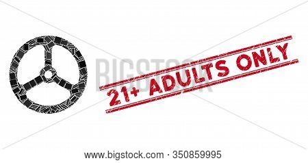 Mosaic Steering Wheel Icon And Red 21 Plus Adults Only Seal Stamp Between Double Parallel Lines. Fla