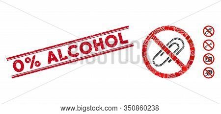 Mosaic No Attachments Icon And Red 0 Percent Alcohol Watermark Between Double Parallel Lines. Flat V