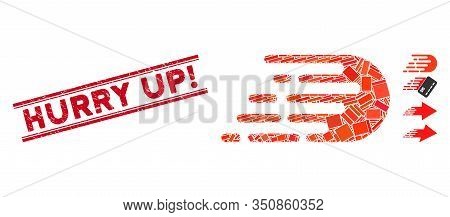 Mosaic Rush Effect Pictogram And Red Hurry Up Exclamation Seal Stamp Between Double Parallel Lines. 