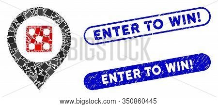 Mosaic Dice Map Marker And Grunge Stamp Seals With Enter To Win Exclamation Text. Mosaic Vector Dice