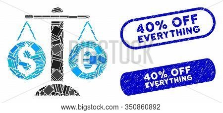 Mosaic Currency Balance And Corroded Stamp Watermarks With 40 Percent Off Everything Phrase. Mosaic 