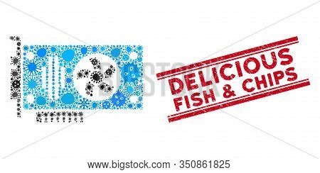 Outbreak Mosaic Videocard Icon And Red Delicious Fish And Chips Rubber Print Between Double Parallel