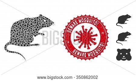 Collage Rat Icon And Red Rounded Grunge Stamp Seal With Beware Mosquito Exclamation Text And Coronav