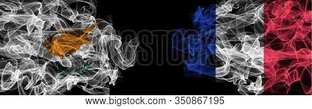 Flags Of Cyprus And France On Black Background, Cyprus Vs France Smoke Flags