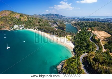 Aerial view of Nai Harn beach during high season, Phuket island, Thailand