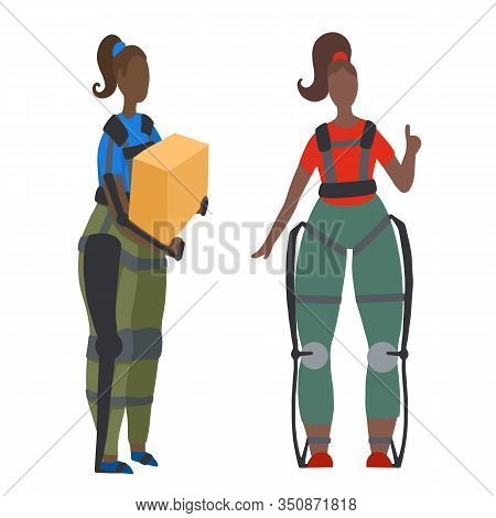 Set Of African Women In Exosuit. Help In Lifting Weights. Medical Exoskeleton To Help People With Di