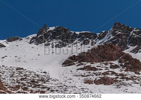 Natural Monument El Morado, Central Andes Of Chile. Beautiful Landscape Of Snowy Rocky Mountain.