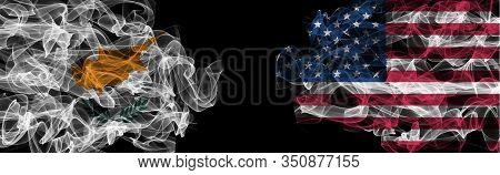 Flags Of Cyprus And Usa On Black Background, Cyprus Vs Usa Smoke Flags
