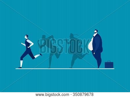 Man Fat Turning Into Silhouette Thin For Health On Blue Background Graphic
