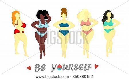 Women With Different Skin Colors. Afroamer Ikan, European, Asian, Scandinavian. Body Positive Concep
