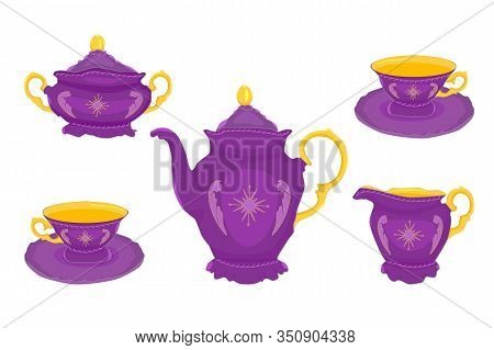 Coffee Or Tea Crockery Set Isolated On White Background. Teapot, Cups, Milk Jug And Sugar Basin. Tea