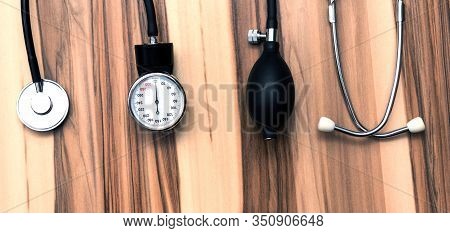 Cardiology. Tonometer And A Manometer, Stethoscope For Diagnosis To Measure Of Blood Pressure And Pu