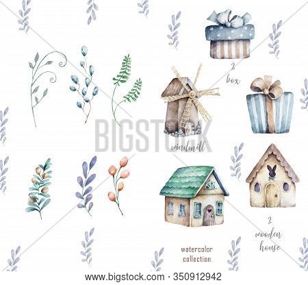 Wooden House And Windmill Set Of Elements With Floral And Gift Box For Design. Watecolor Cartoon Ill