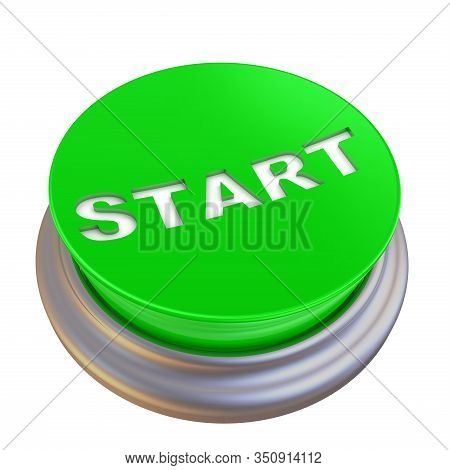 Green Button Labeled With Word Start. Round Green Button With White Word Start Isolated On White Bac