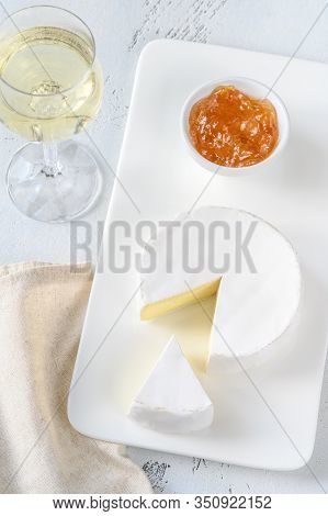 Camembert With Glass Of White Wine Flat Lay