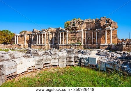 Side Nymphaeum In The Ancient City Of Side In Antalya Region On The Mediterranean Coast Of Turkey.