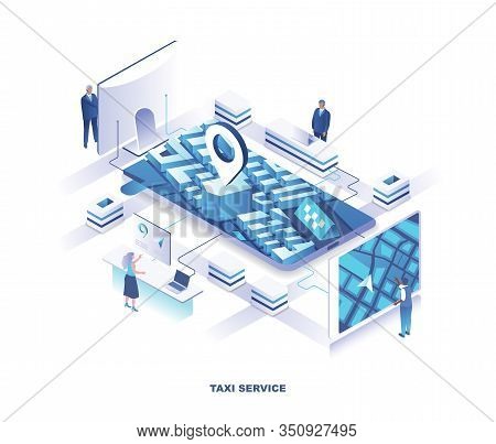 Mobile Application For Taxi Or Cab Booking Service Isometric Landing Page. Concept With Tiny People 