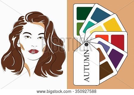 Stock Vector Color Guide. Seasonal Color Analysis Palette For Autumn Type Of Female Appearance. Face