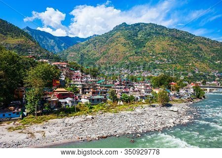 Beas River Near Kullu Town Aerial Panoramic Landscape, Kullu Valley In Himachal Pradesh State In Ind