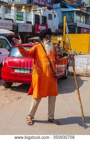New Delhi, India - October 06, 2019: Akali Nihang Sikh Warrior Near The Gurudwara Sis Ganj Sahib Is 