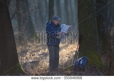 Mature Hiker Taking Break And Looking At Map In Forest On Cold But Sunny Winter Morning