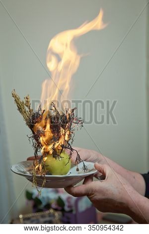 Incense Of Herb Smokes For Good Luck. Magic Plant Uzerlik . Burning Prevents Bad Looking . Peganum H