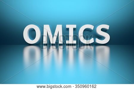 Scientific Word Omics Written In Bold White Letters On Blue Background. 3d Illustration.