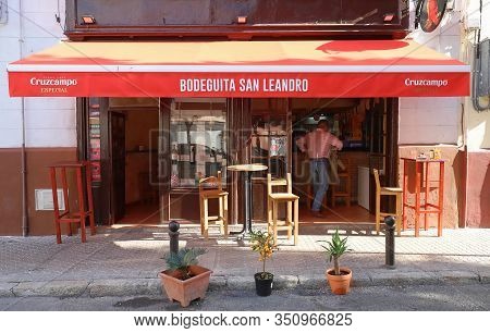 Seville, Spain-may 03 , 2019 : Facade Of The Vintage Traditional Spanish Bar San Leandro Located In 