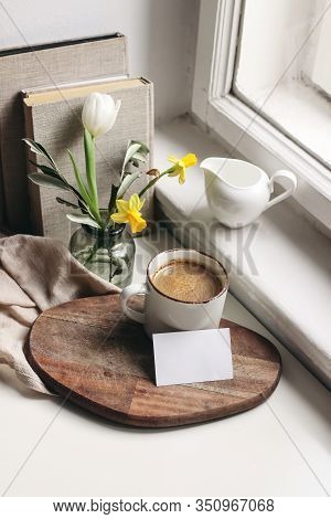 Cozy Easter Spring Still Life. Business Card Mockup Scene. Cup Of Coffee, Books, Wooden Cutting Boar
