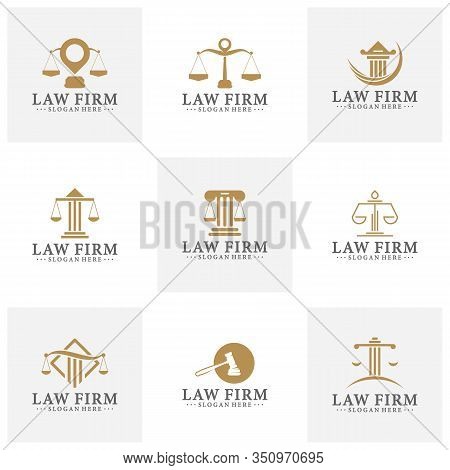 Law Office Logotypes Set With Scales Of Justice, Gavel Etc Illustrations. Vector Vintage Attorney, A