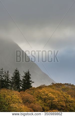 Stunning Autumn Fall Landscape View Along Valley Towards Mellbreak And Grasmoor In Lake District Wit