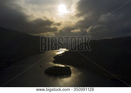 Beautiful Aerial Drone Landscape Image Of Glorious Autumn Fall Sun Over Thirlmere In Lake District