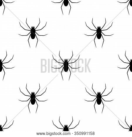 Seamless Pattern With Black Silhouette Of Spider On White Background. Halloween Decorative Texture. 