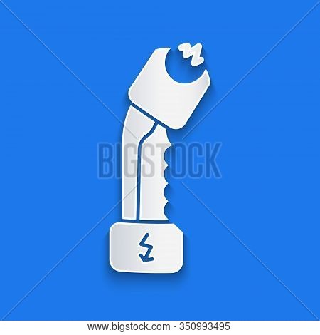 Paper Cut Police Electric Shocker Icon Isolated On Blue Background. Shocker For Protection. Taser Is