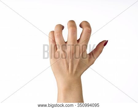 Hand Of A Woman Trying To Reach Or Grab Something. Fling, Touch Sign. Isolated On White Background