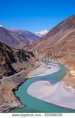 Confluence Of The Indus And Zanskar Rivers Located In Leh, Ladakh, Jammu And Kashmir, India.