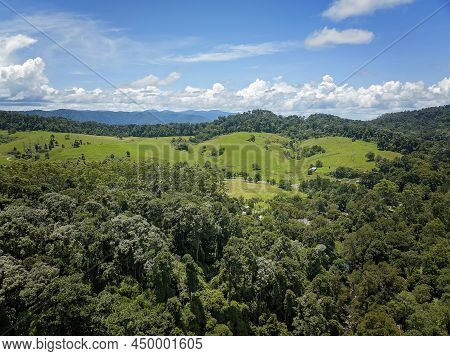 Aerial Landscape Of The Rolling Hills Of A Dairy Farm And The Dense Tropicle Rainforest Of Eungella 