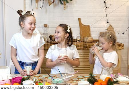 Beautiful Little Girls Cook Cookie Dough, Bake Cookies In The Kitchen. Cooking Homemade Food. Ginger