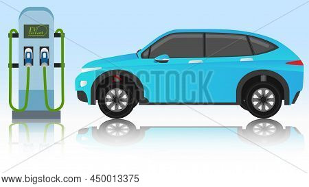 Electric Vehicle Front Of Suv Car Prepar Charging Parking. With Colors Picture Of Car And Ev Charger